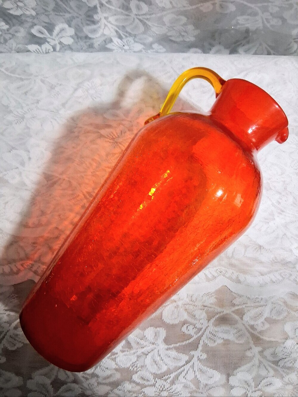 Vintage Large Pilgrim Tangerine Orange Crackle Glass Pitcher Ewer 13” UV React - Picture 16 of 17